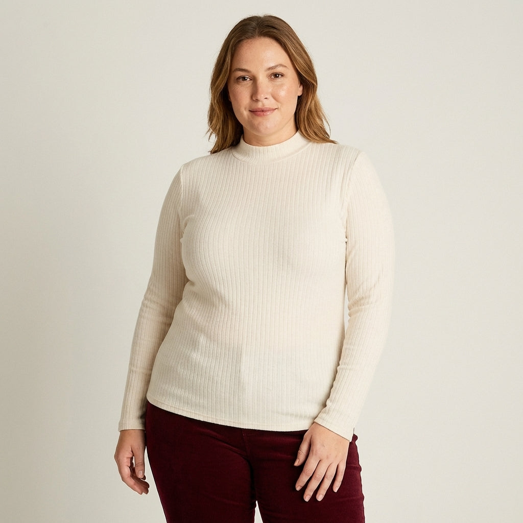 Polera Beige Lanilla Cuello Alto Manga Larga Básica